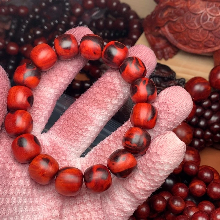 武***冕染料紫檀（血檀）手串/手链13×14火焰纹黑飘红留疤