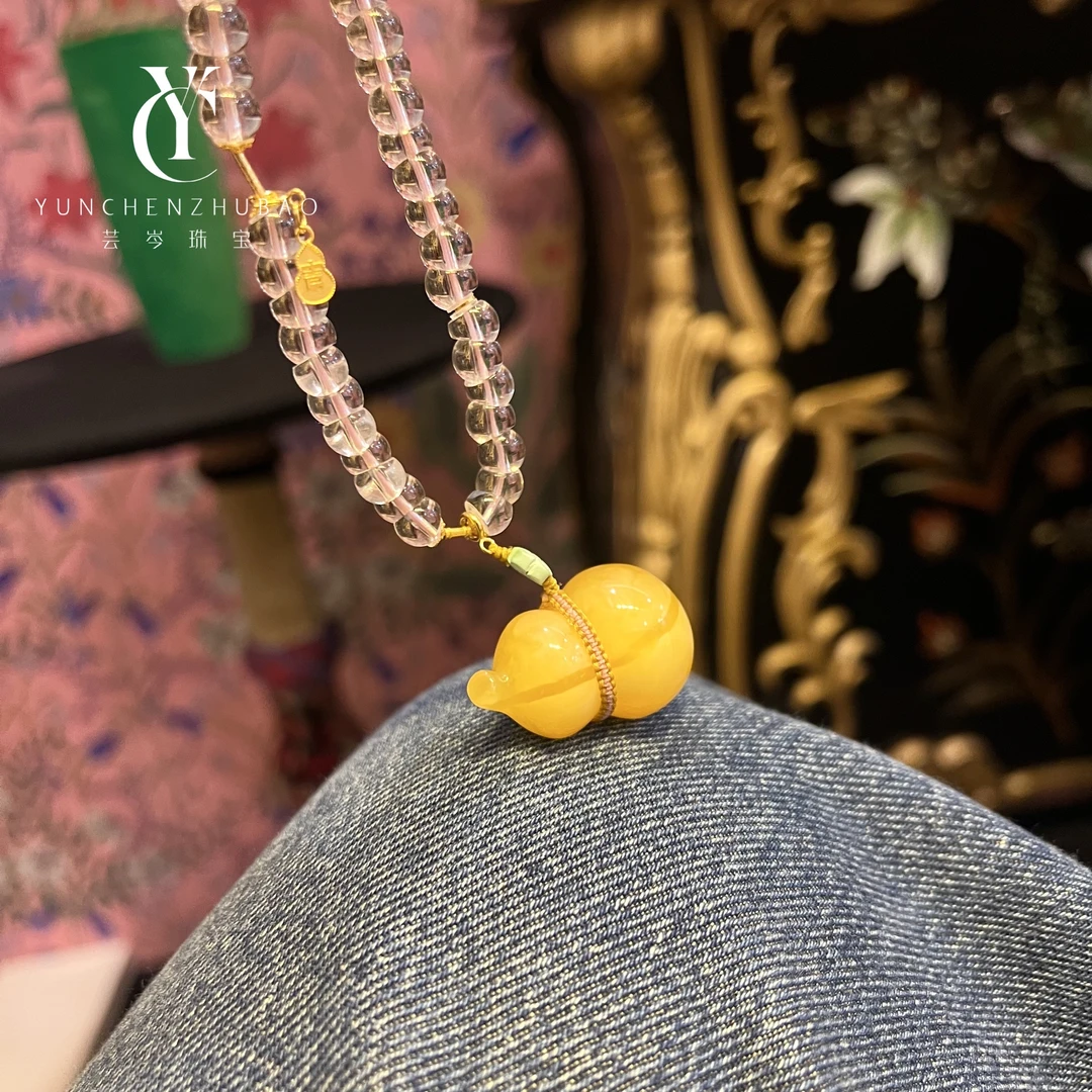 水晶蜜蜡葫芦18k金项链8mm00377