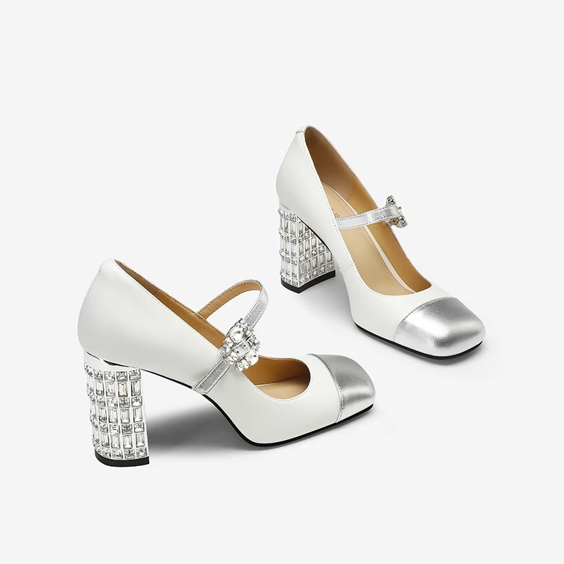 高级感水钻粗跟玛丽珍鞋女2025春季新款真皮单鞋浅口一字带高跟鞋