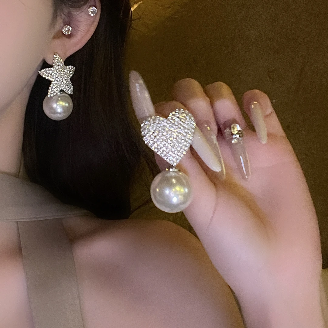 铜合金仿珍珠耳饰 复古夸张气质精致不对称星星爱心耳环小众耳饰