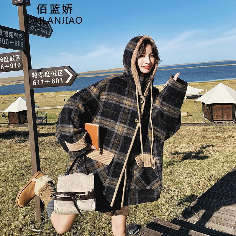 两面穿格子毛呢外套女2025冬季新款宽松显瘦慵懒风中长款呢大衣