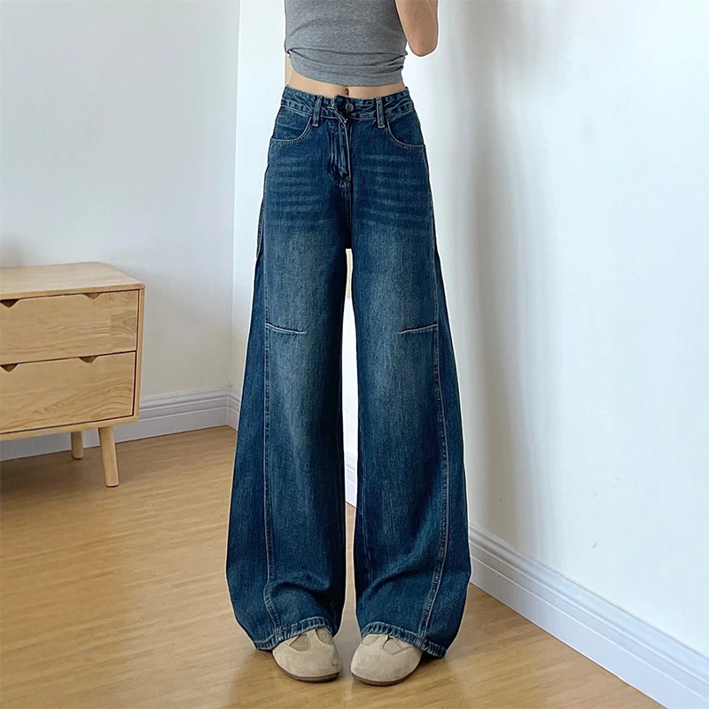 复古蓝弯刀阔腿牛仔裤女2025秋季新款设计感宽松时尚百搭拖地裤子