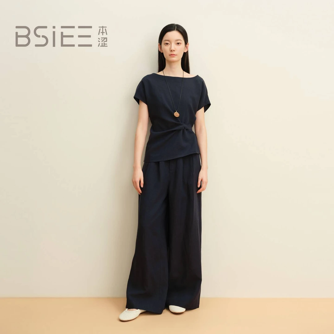 BSIEE本涩2026年夏季新款一字肩系带短袖阔腿裤两件套G2644D01
