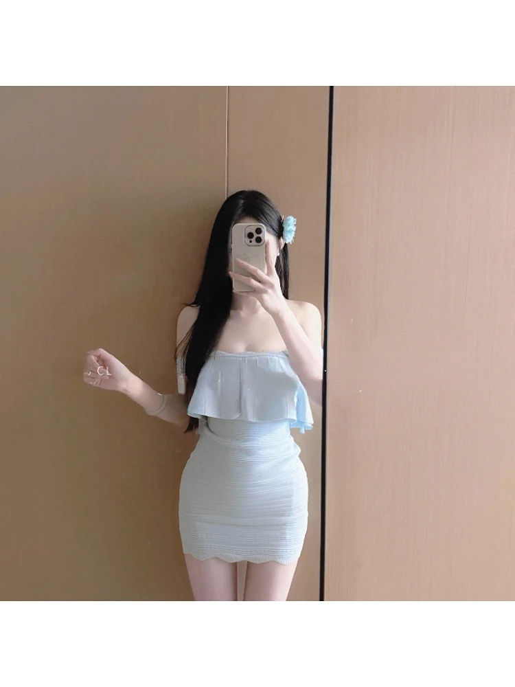 甜美气质蓝色显白荷叶边弹力针织背心裙纯欲收腰修身吊带包臀裙女