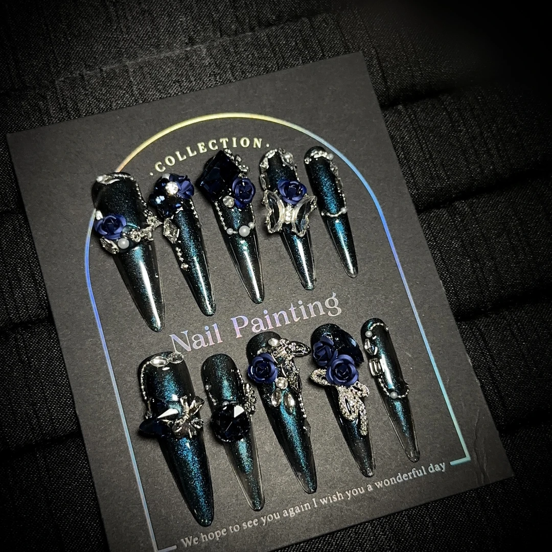 意境指绘 蓝色秘境 高级感深蓝色晕染长款高端重工穿戴甲手工时尚