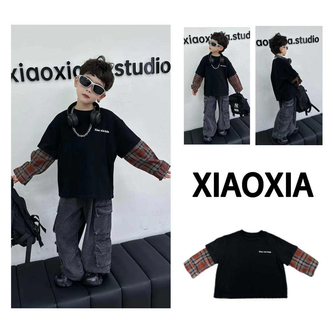 XXJ 1679 街头酷感【格调】黑底格纹拼接假两件