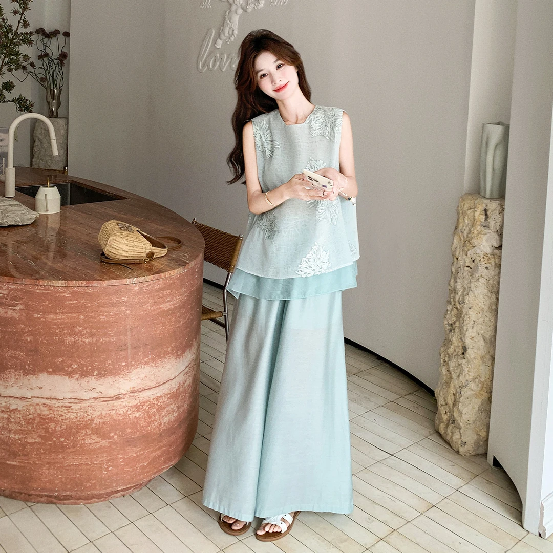 新中式国风网纱背心阔腿裤套装女2025夏季新款独特漂亮甜美两件套
