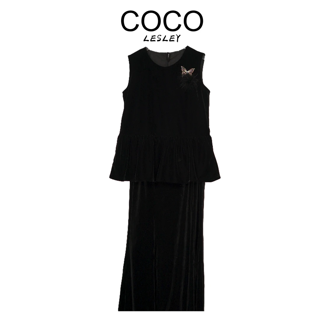 【COCO LESELY】真丝丝绒 气质显瘦时尚裙套装 -黑蝴蝶套装