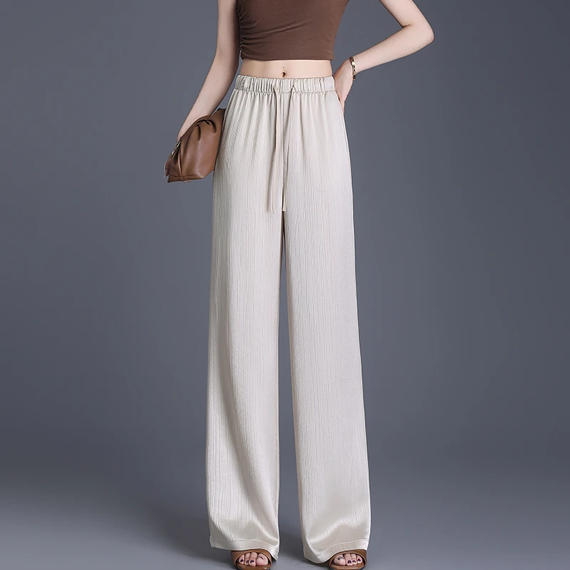 哥弟阿玛施正品2025夏季新款休闲裤女醋酸冰凉感高腰垂感阔腿裤子