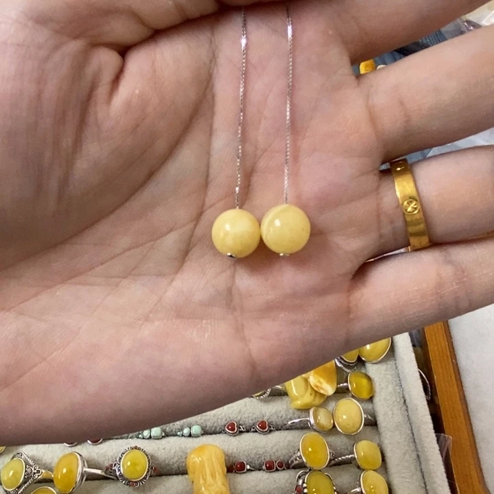 蜜蜡裸石银S925镶嵌耳线