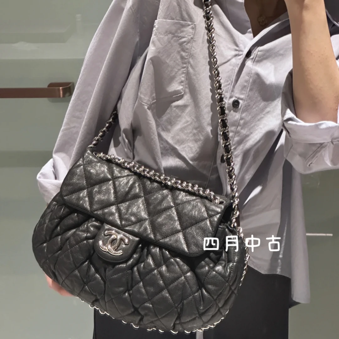 95新 Chanel/香奈儿 滚边黑银南瓜中号包 有标无卡