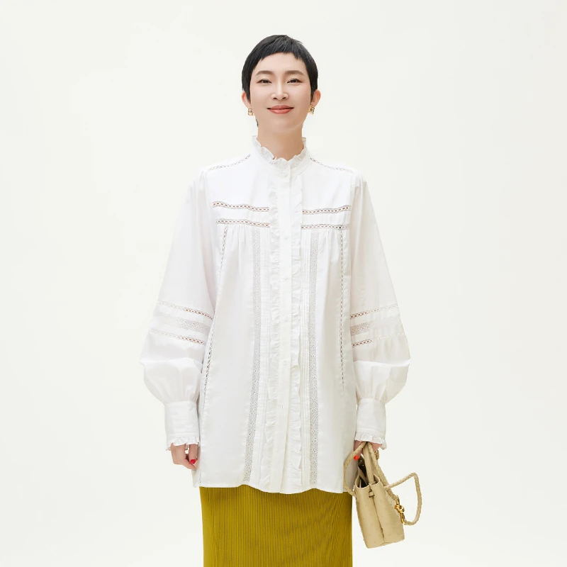 GOLDENBARRY【福利】|212493洋气高级白色设计感荷叶领法式衬衣