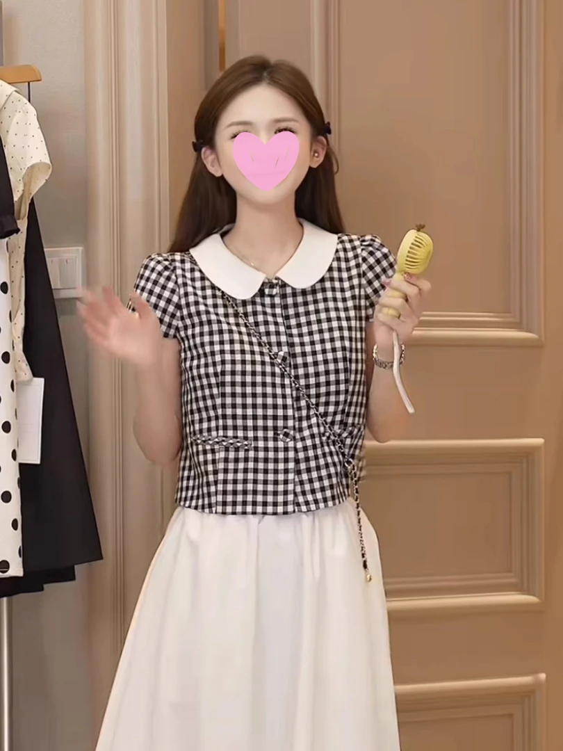 周楚楚同款女装洋气娃娃领时尚格子衬衫女气质新款减龄假两件上衣