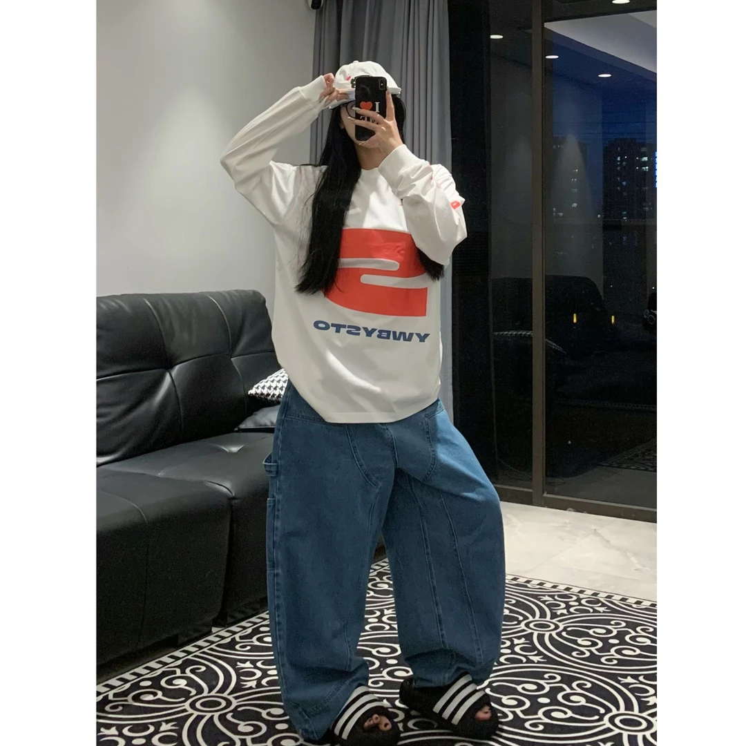 YWBY早秋季新款慵懒风圆领宽松纯棉螺口长袖t恤女百搭休闲上衣服