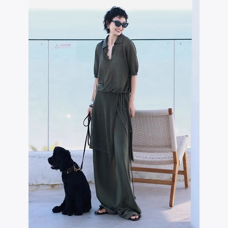 夏季2025穿搭新款气质套装女休闲风设计感短袖抽绳长裤屁帘三件套