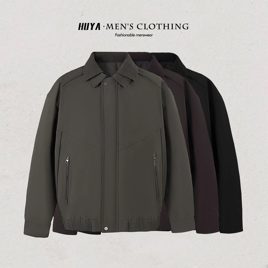 虎牙兄弟冬季2025螺纹设计双层领翻领防风休闲棉服夹克男 款C3623