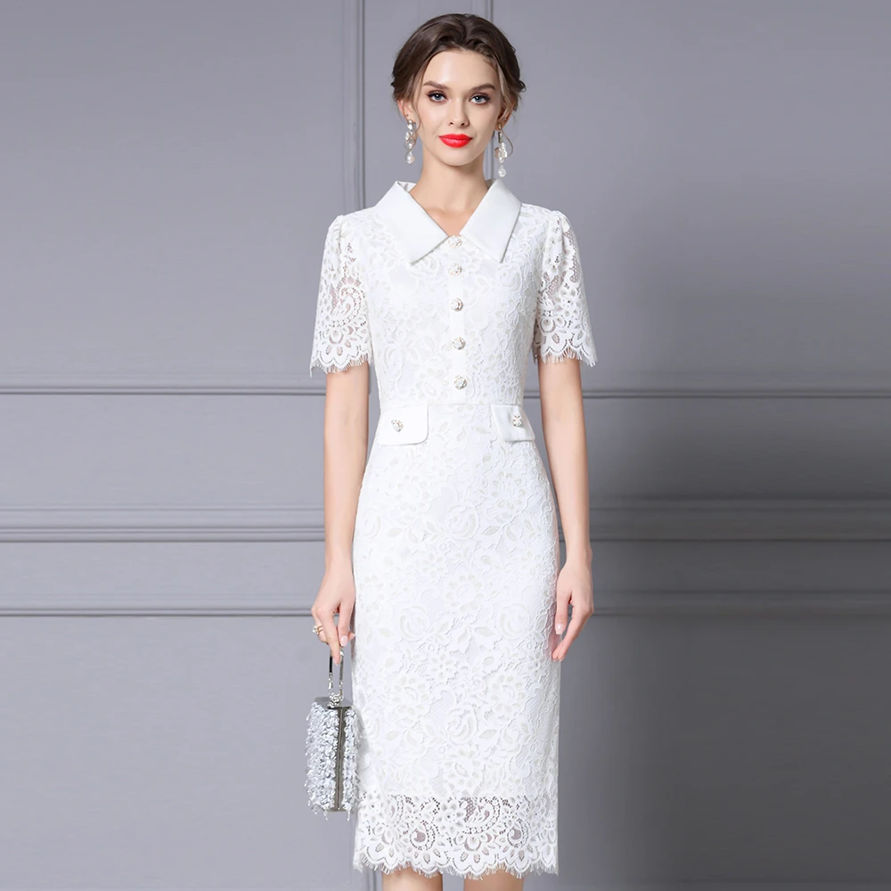 枝荔白色连衣裙女2025新款夏装上流社会高档蕾丝修身过膝包臀裙子