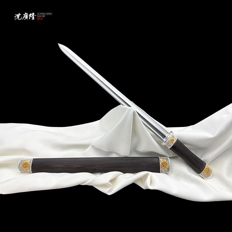 龙泉沈广隆-盛世牡丹剑 镀金银 黑檀木 花纹钢 宝剑 手工 未开刃