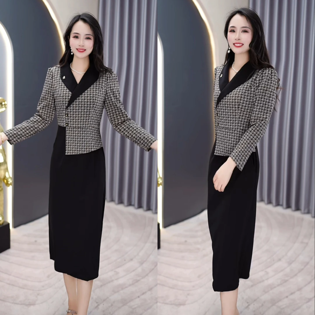 春季新款轻职风气质女人假两件时尚洋气大方2025新款百搭连衣裙