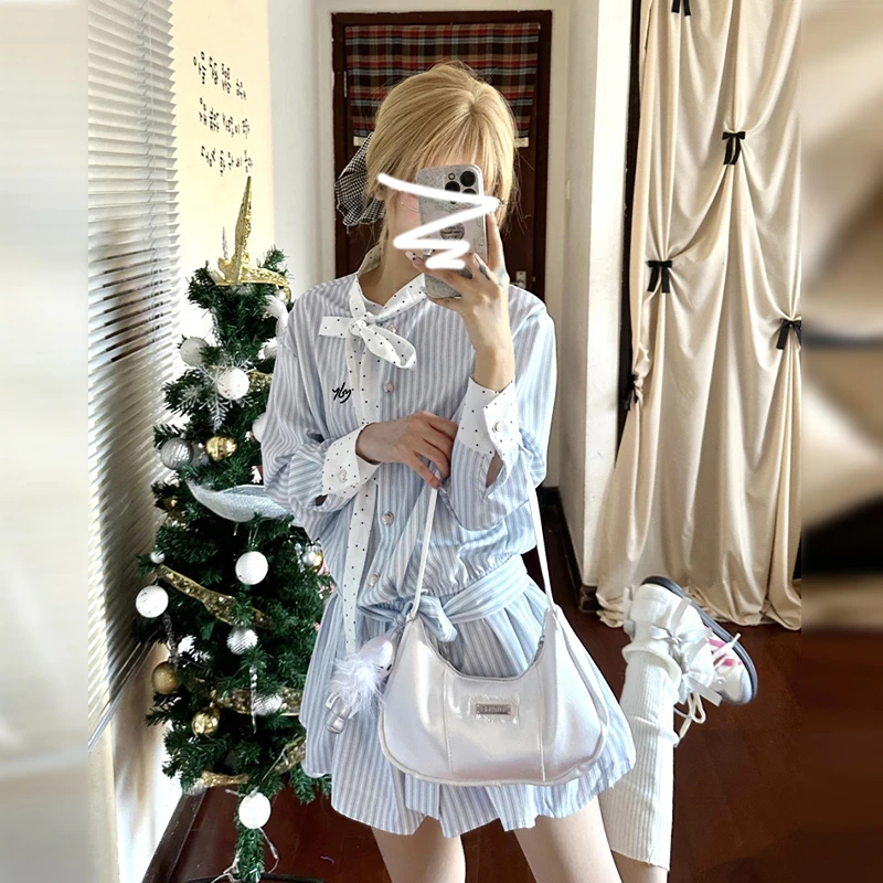 早春穿搭条纹衬衫短裙子女法式遮肚子藏肉A字连衣裙2025新款9462