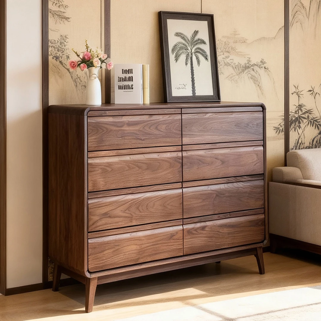 中意辰北美黑胡桃木实木八斗柜家用简约客厅中古风卧室床尾收