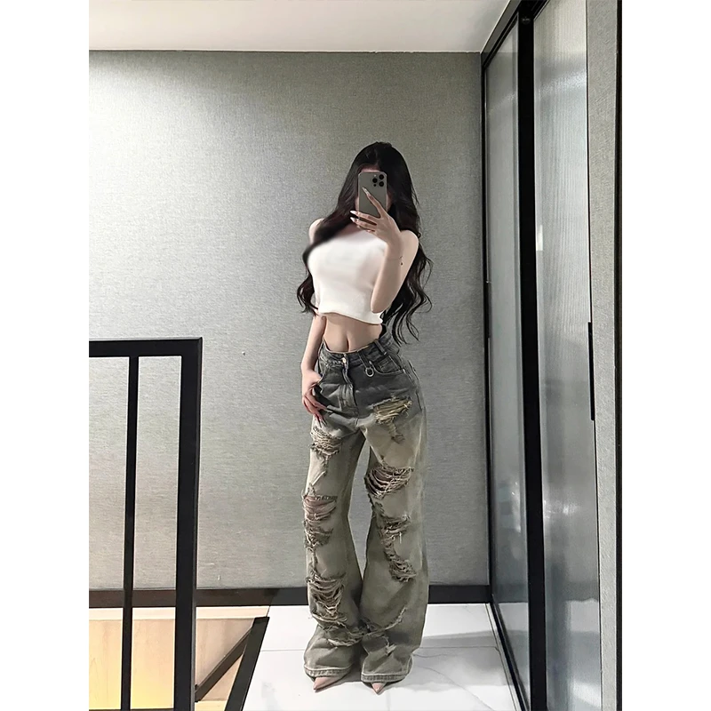 美式高街辣妹斜肩短款上衣设计感复古破洞长款牛仔裤子时尚两件套