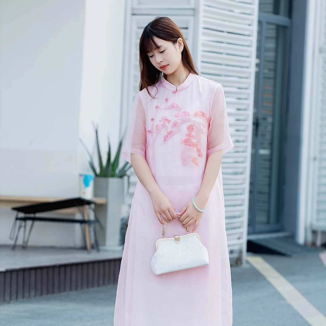[若初]2025夏季新款日常中式禅意茶艺复古文艺中袖连衣裙00CXH310