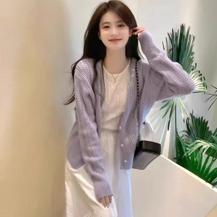 紫色镂空毛衣薄款外套女2025春夏温柔软奶风开衫气质针织衫上衣女