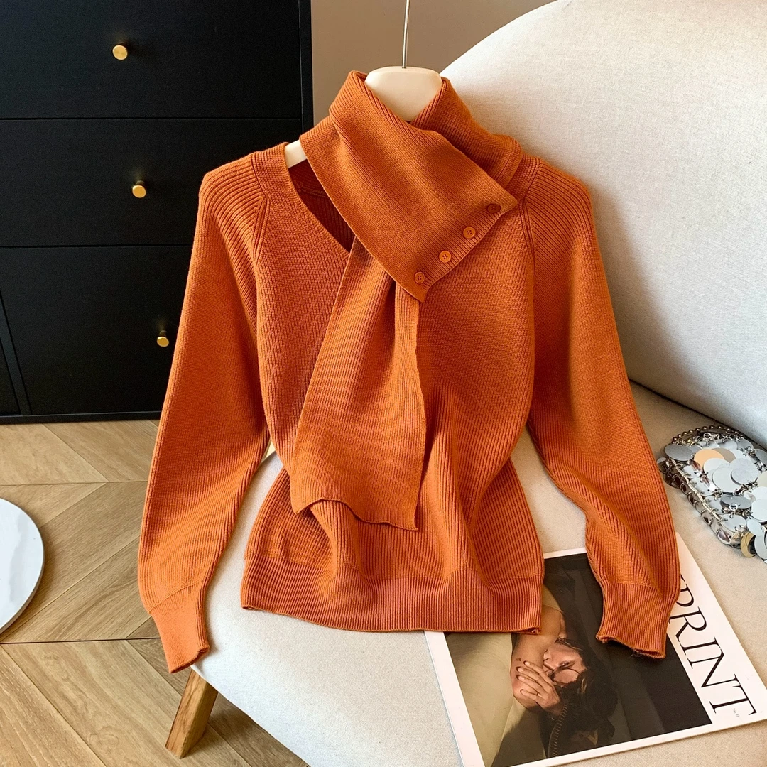 温柔风v领长袖针织毛衣女秋冬可拆卸围巾针织衫设计感两件套上衣