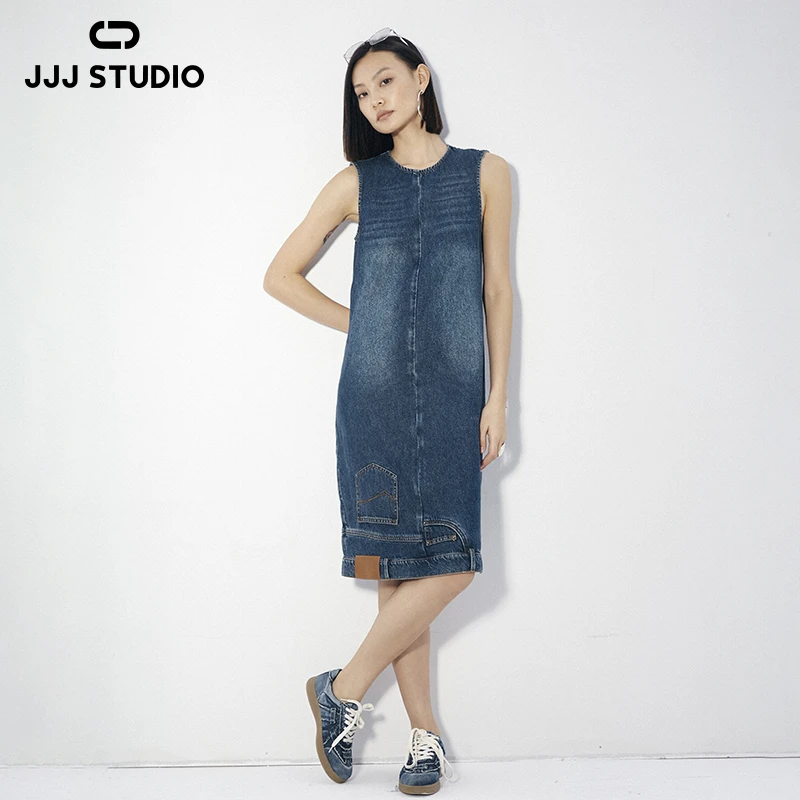 JJJ STUDIO 牛仔蓝色复古街头立体倒置设计感连衣裙女 JKWFS1L097