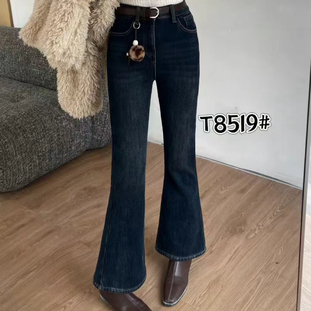 【韩衣舍】8519高品质加绒加厚高腰显瘦修身微喇牛仔裤冬季（裤长102