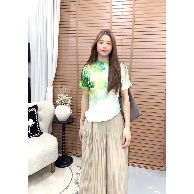 三宅设计感渐变印花半高领短袖T恤春夏新款气质百搭褶皱甜美上衣