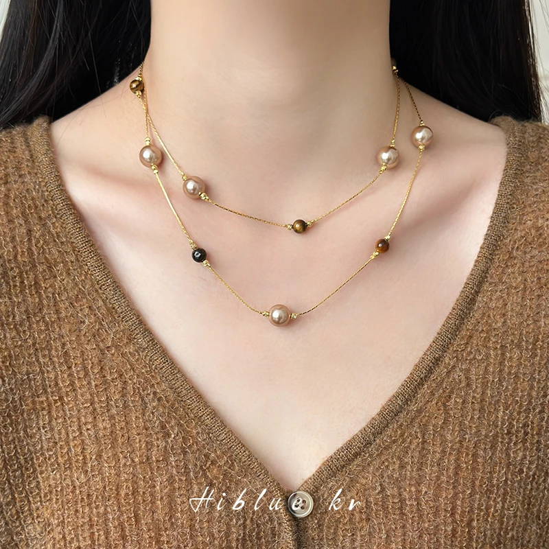 铜合金仿珍珠项链 美拉德虎眼石珠珠项链毛衣链女秋冬百搭轻奢519