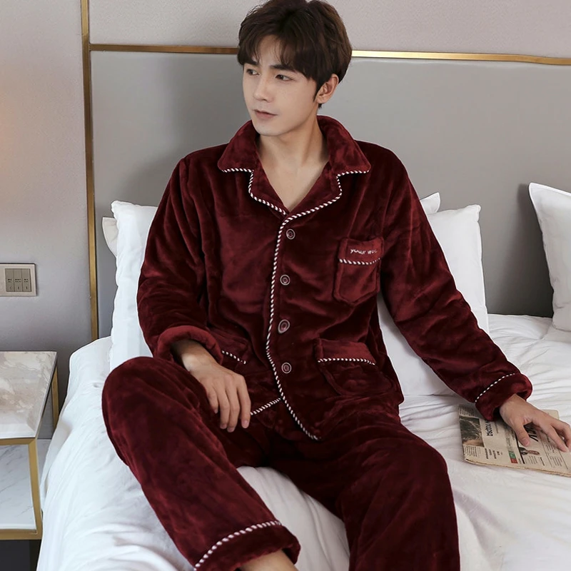 AEROMRGEN酒红男士睡衣秋冬季加绒加厚保暖珊瑚绒冬天加大可外穿