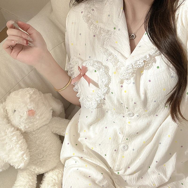 花边波点睡衣女夏短袖短裤可爱卡通甜妹风春秋天网红泡泡棉家居服