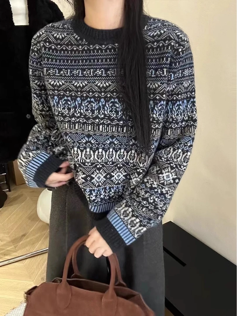 【浣熊绒版本】冬季新款费尔岛民族风圆领撞色毛衣女装时髦气质上衣