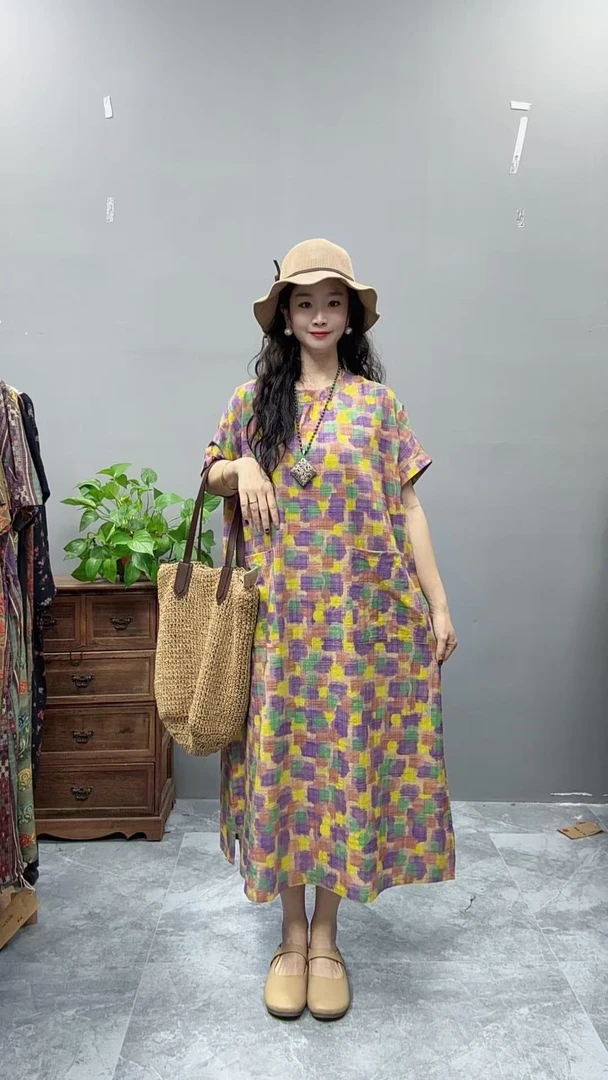 5056夏季新款显瘦气质时尚女百搭休闲文艺复古印花洋气宽松连衣裙