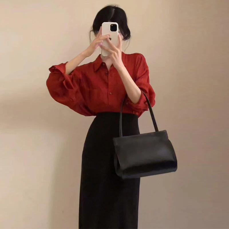 法式红色衬衫连衣裙子女2025新爆款开秋季气质穿搭一整套包臀长裙