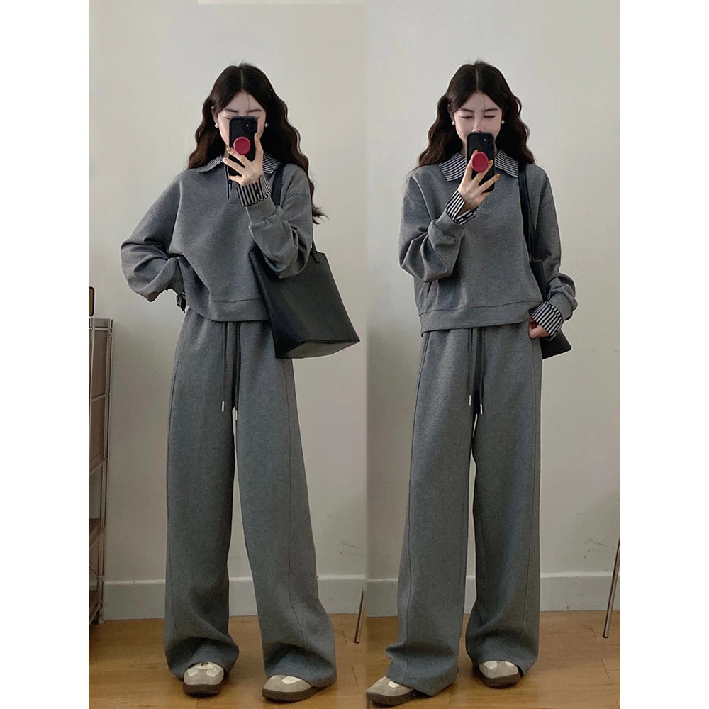 胖韩系灰色休闲运动套装时尚卫衣阔腿裤长裤两件套