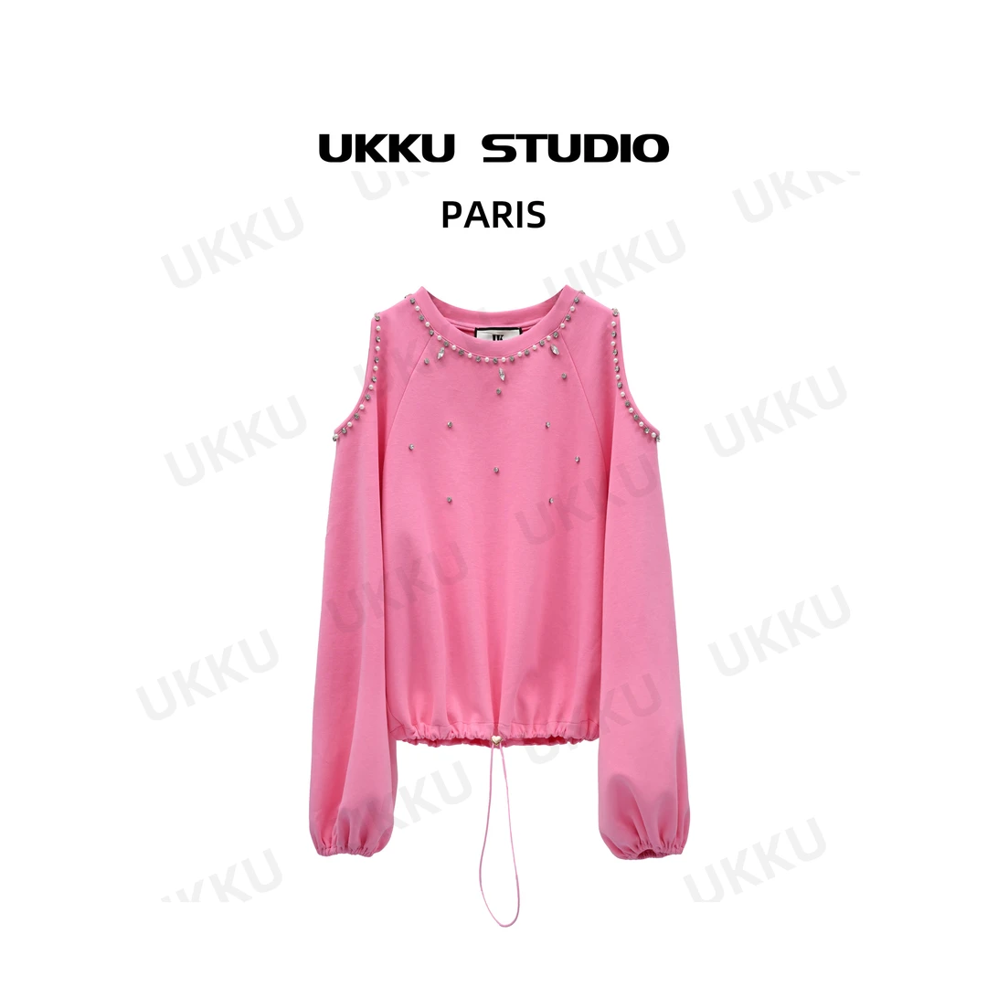 小尧【UKKU STUDIO】小众设计感长袖露肩钻减龄抽绳显瘦卫衣312462