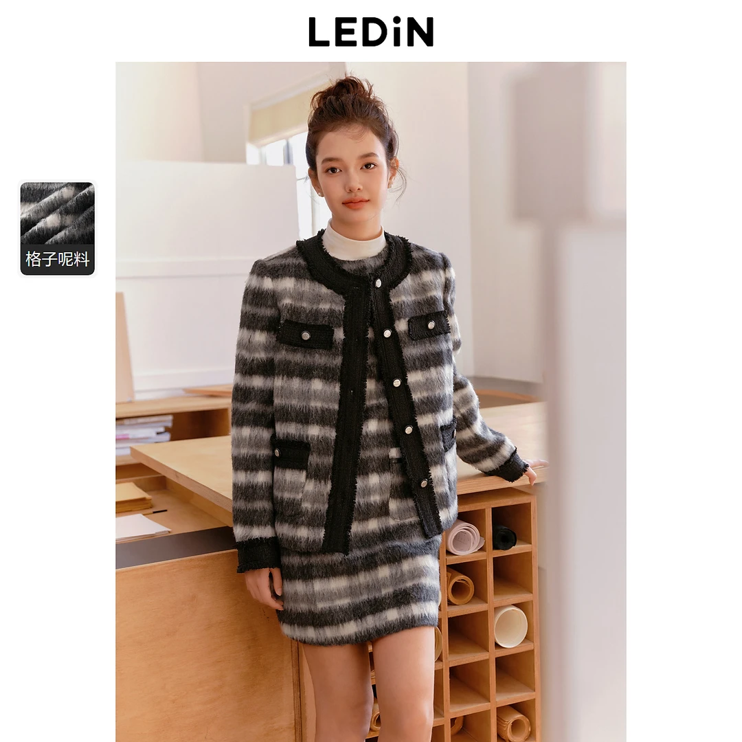 乐町24冬新款复古气质黑白格经典拼接小香风假口袋设计外套