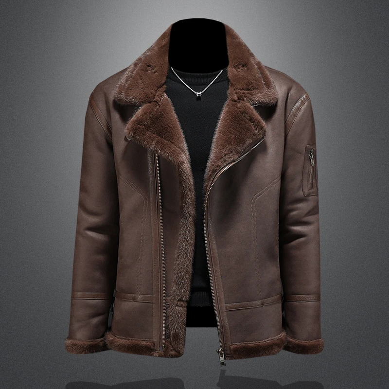 2025冬季新款海宁皮毛一体加绒加厚翻领宽松男士保暖皮衣夹克外套