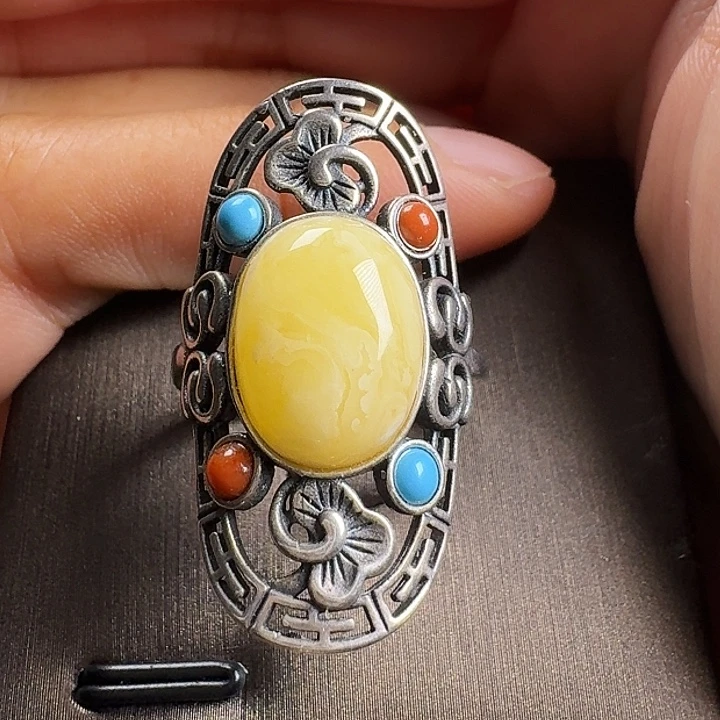 蜜蜡银S925镶嵌戒指戒指