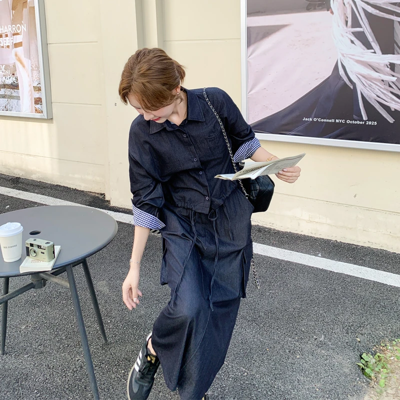 松弛感老钱风抽绳衬衫半裙2025春秋新款小众设计复古ins风套装裙