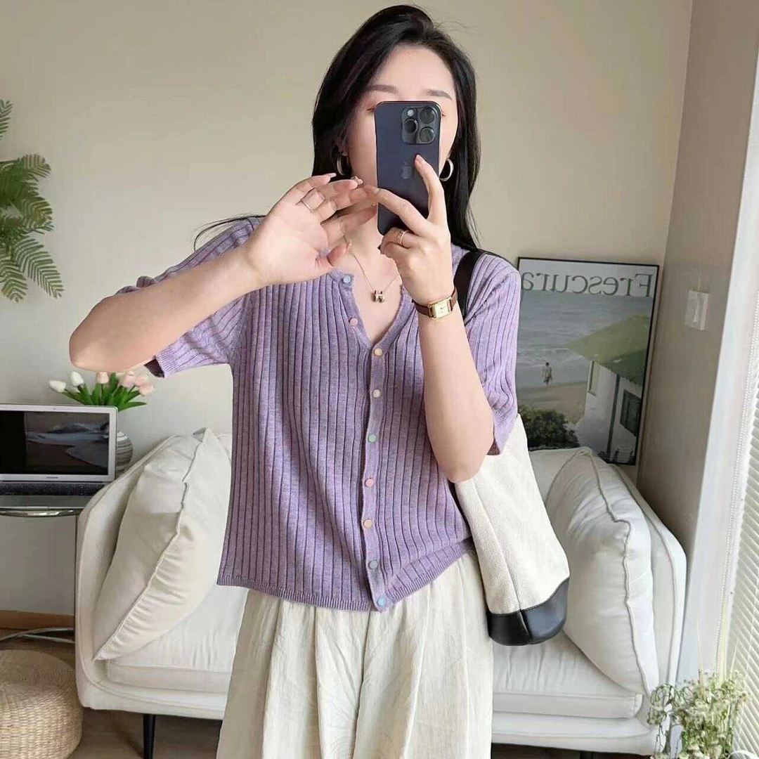 糖果扣V领开衫短袖T恤女夏季针织上衣外套