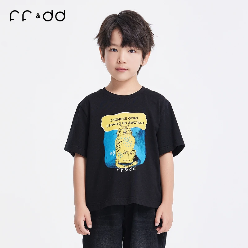 ff&dd童装2025秋季男童T恤趣味卡通印花休闲百搭儿童短袖中大童