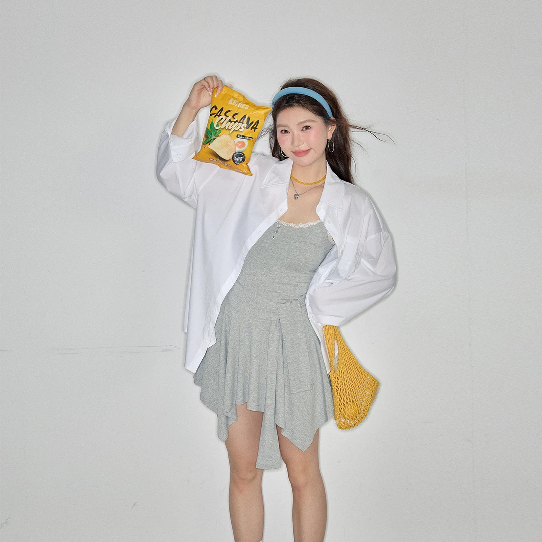 张大人【清酒乐园】大码女装微胖妹妹防晒衬衫显瘦不规则吊带连衣裙