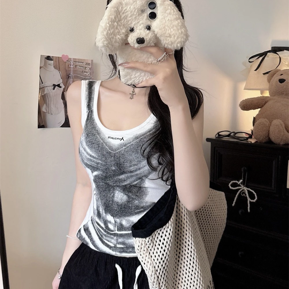 美式辣妹撞色印花背心吊带女装夏季新款小众别致修身显瘦性感上衣