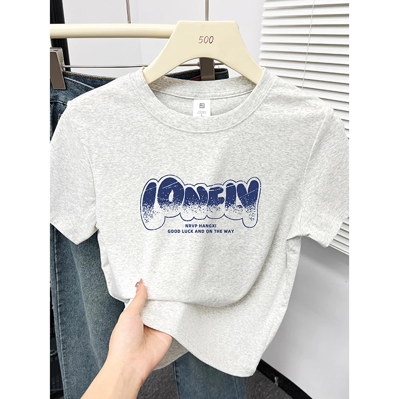2025新款夏季显瘦正肩短袖T恤女字母印花设计感宽松显瘦上衣ins潮