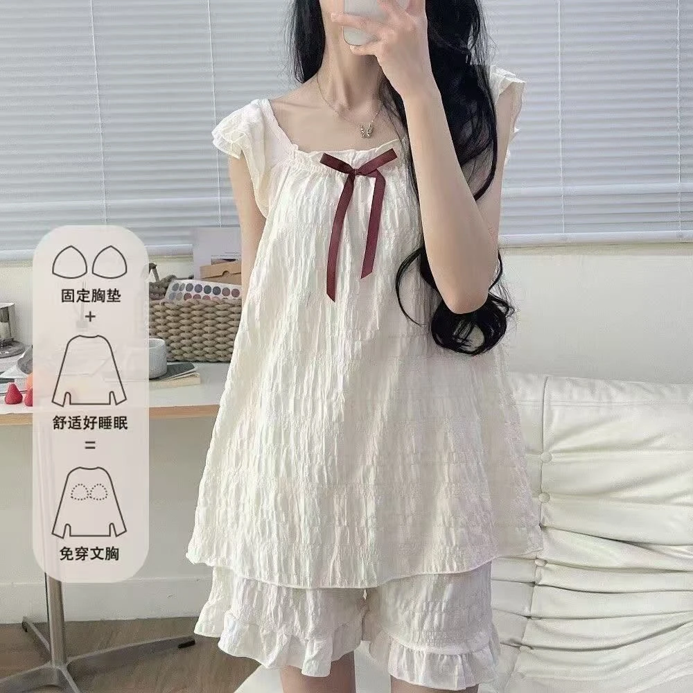薇妮猪睡衣女款2025夏吊带胸垫ins蝴蝶结飞袖可外穿家居服套装